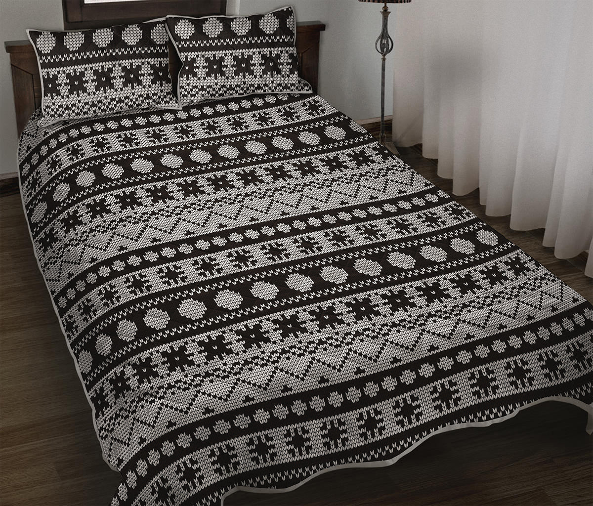 White And Black Knitted Pattern Print Quilt Bed Set