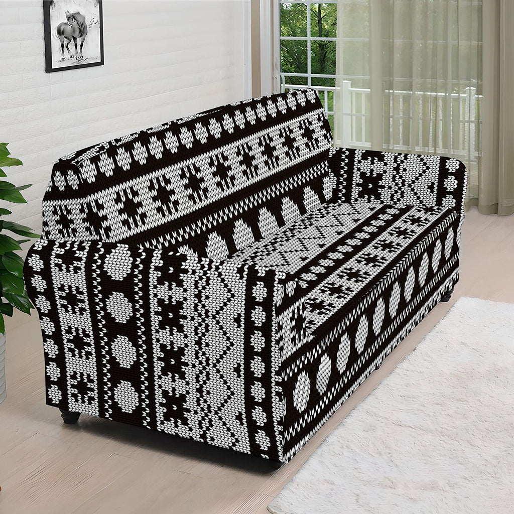 White And Black Knitted Pattern Print Sofa Cover