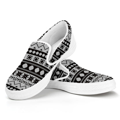 White And Black Knitted Pattern Print White Slip On Shoes
