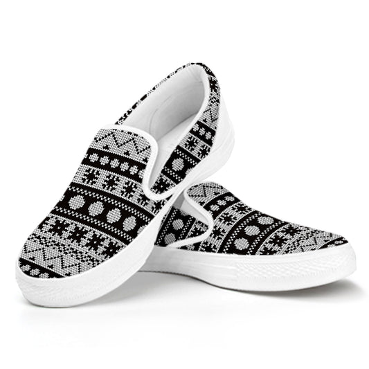 White And Black Knitted Pattern Print White Slip On Shoes