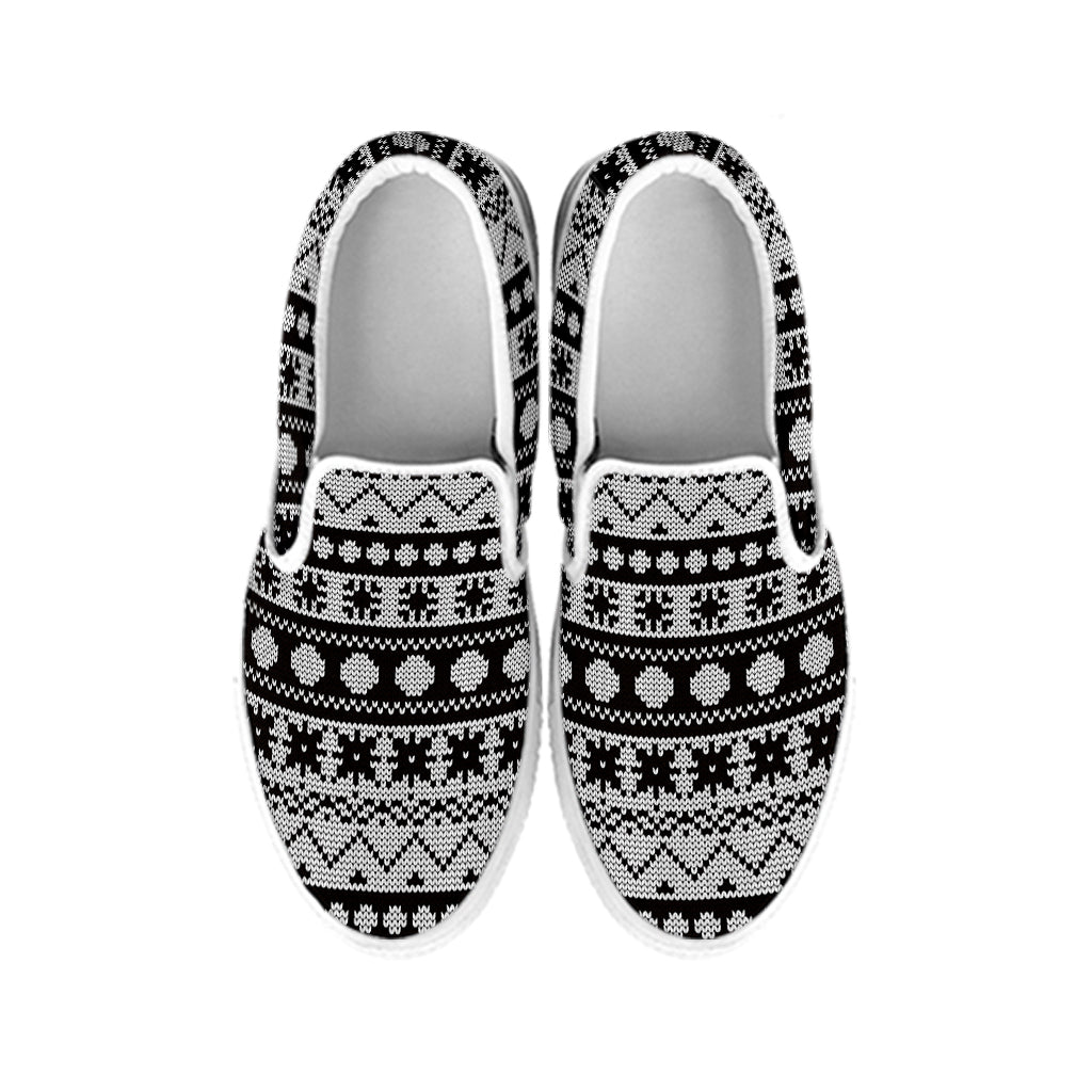 White And Black Knitted Pattern Print White Slip On Shoes