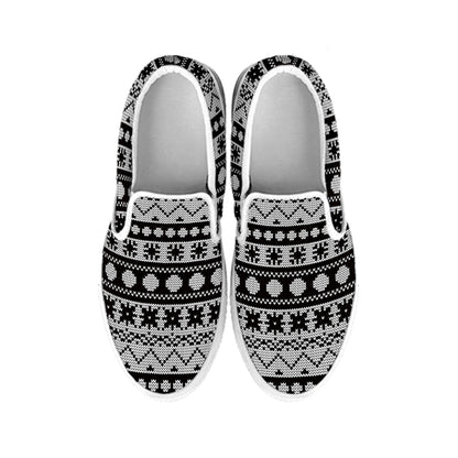 White And Black Knitted Pattern Print White Slip On Shoes