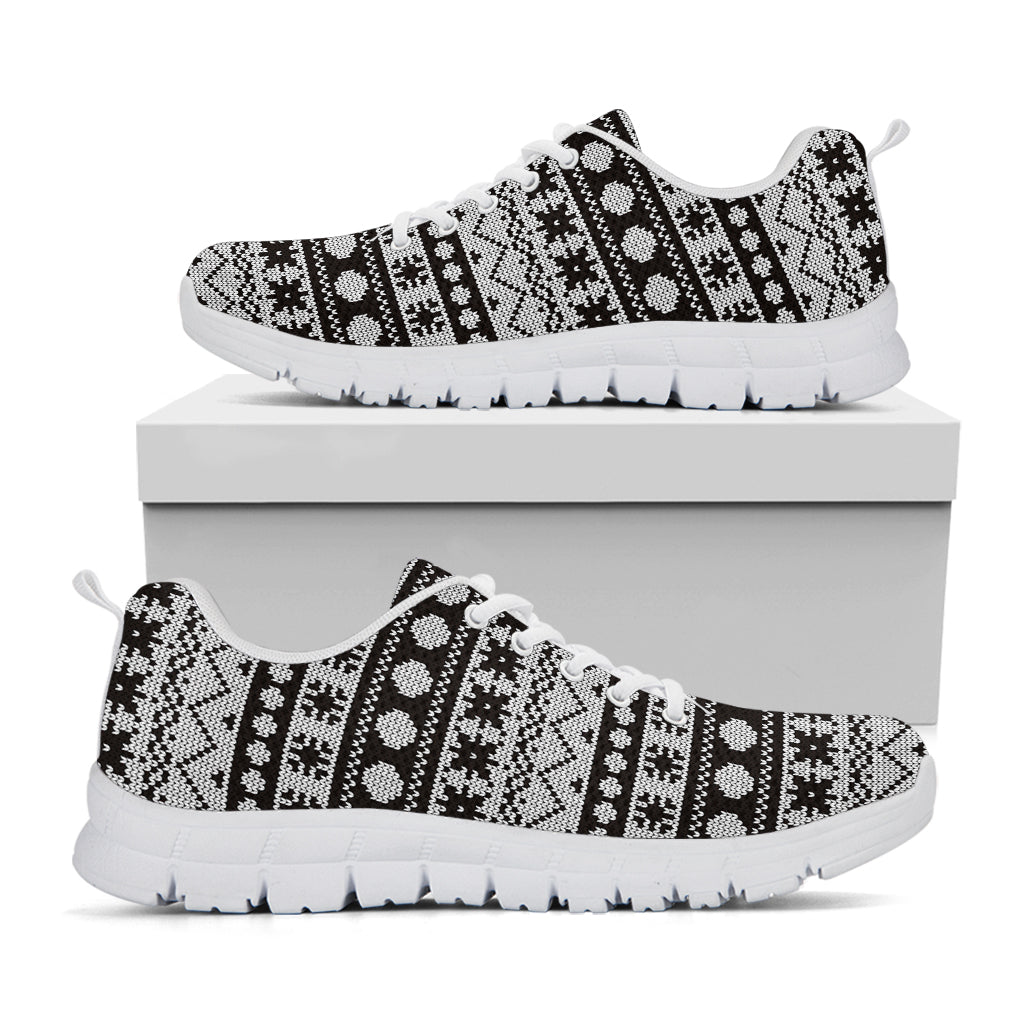White And Black Knitted Pattern Print White Sneakers