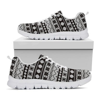 White And Black Knitted Pattern Print White Sneakers