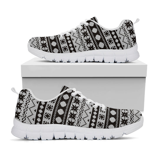 White And Black Knitted Pattern Print White Sneakers
