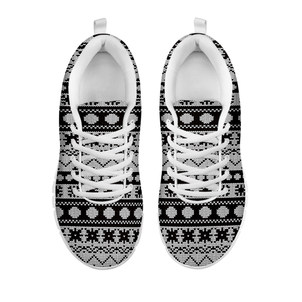 White And Black Knitted Pattern Print White Sneakers