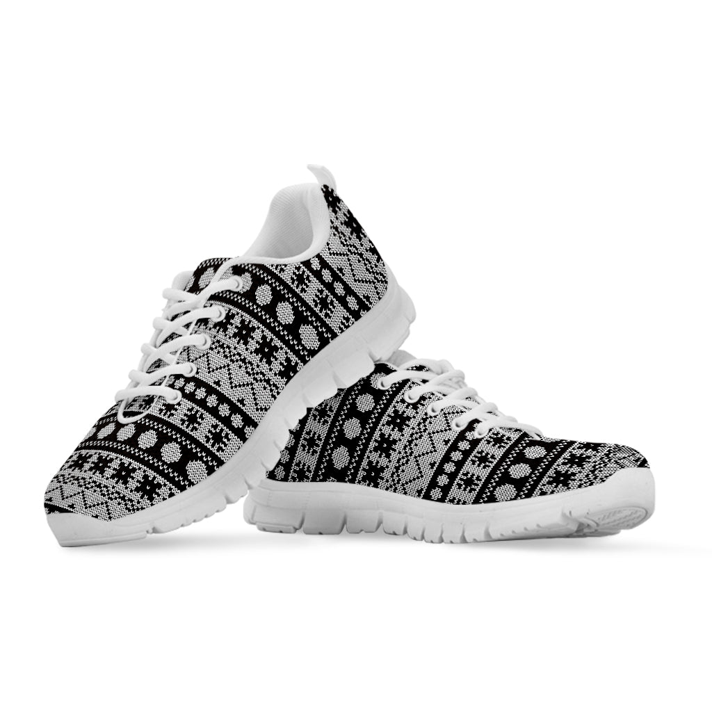 White And Black Knitted Pattern Print White Sneakers