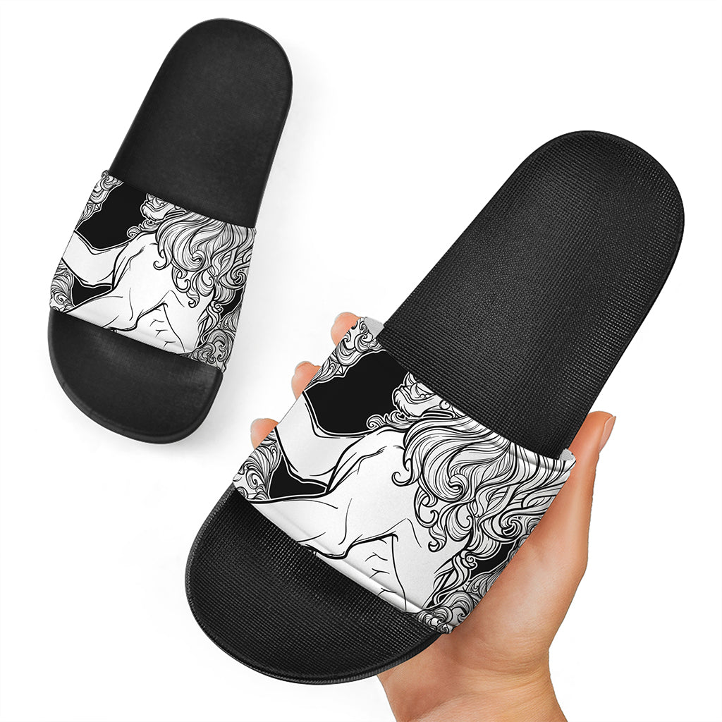 White And Black Leo Sign Print Black Slide Sandals