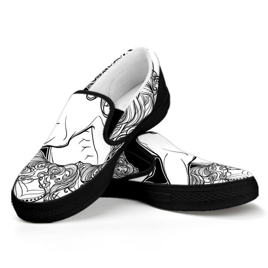 White And Black Leo Sign Print Black Slip On Shoes