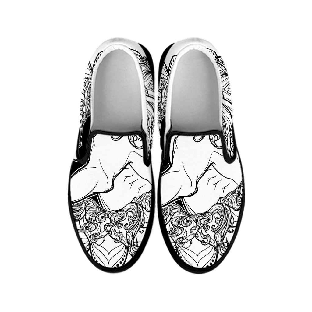 White And Black Leo Sign Print Black Slip On Shoes
