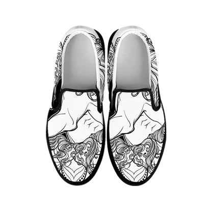 White And Black Leo Sign Print Black Slip On Shoes