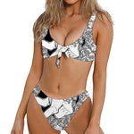 White And Black Leo Sign Print Front Bow Tie Bikini