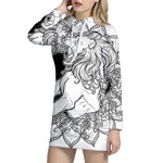 White And Black Leo Sign Print Pullover Hoodie Dress