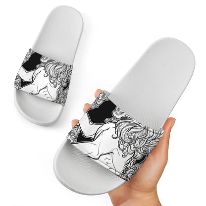 White And Black Leo Sign Print White Slide Sandals