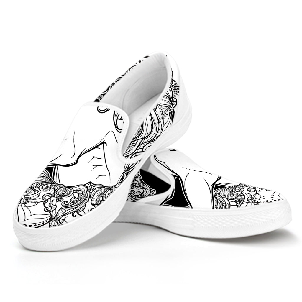 White And Black Leo Sign Print White Slip On Shoes