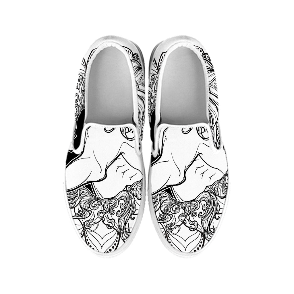 White And Black Leo Sign Print White Slip On Shoes