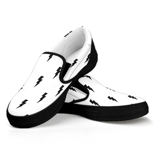 White And Black Lightning Pattern Print Black Slip On Shoes
