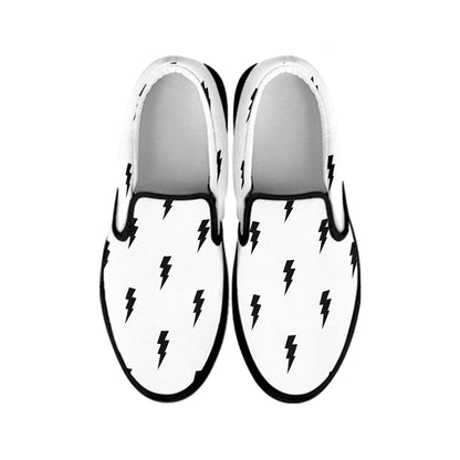 White And Black Lightning Pattern Print Black Slip On Shoes