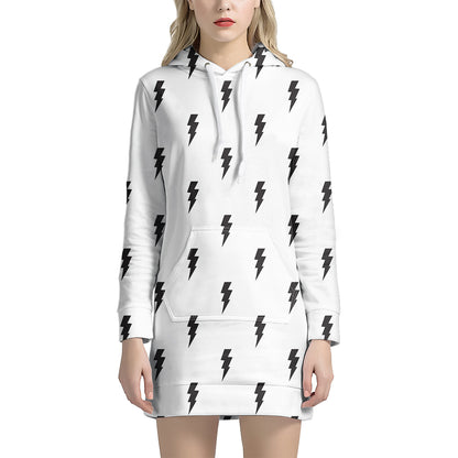 White And Black Lightning Pattern Print Hoodie Dress