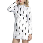 White And Black Lightning Pattern Print Hoodie Dress