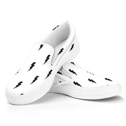 White And Black Lightning Pattern Print White Slip On Shoes