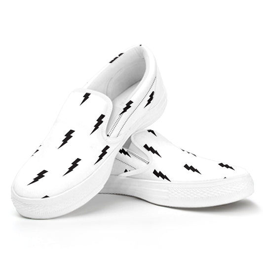 White And Black Lightning Pattern Print White Slip On Shoes