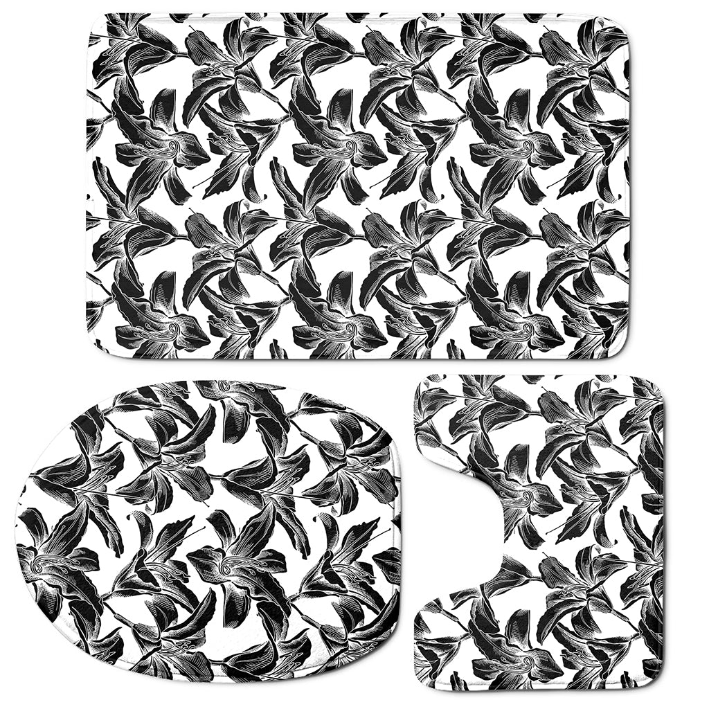White And Black Lily Pattern Print 3 Piece Bath Mat Set