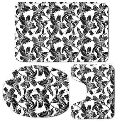 White And Black Lily Pattern Print 3 Piece Bath Mat Set
