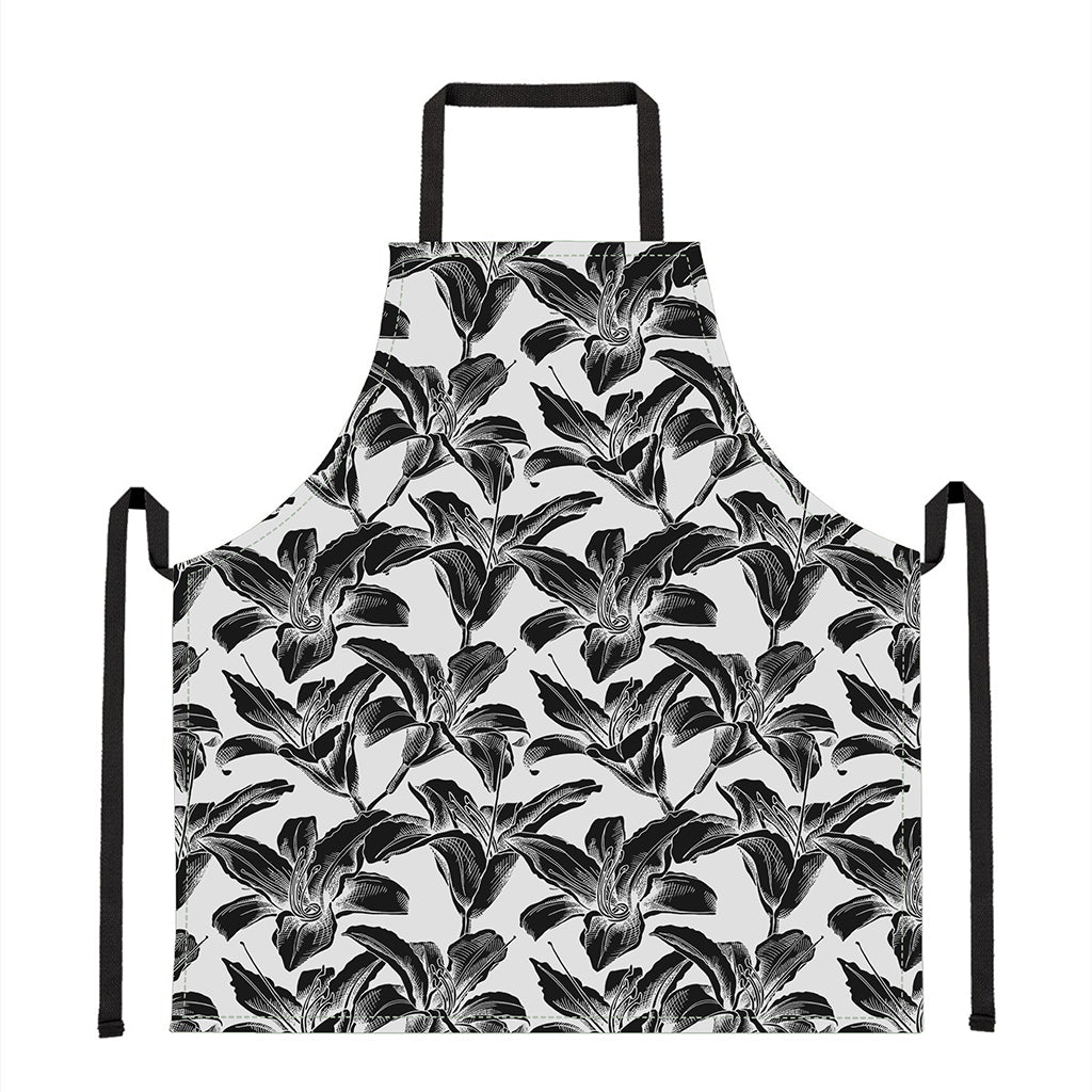 White And Black Lily Pattern Print Apron