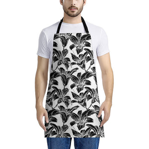 White And Black Lily Pattern Print Apron