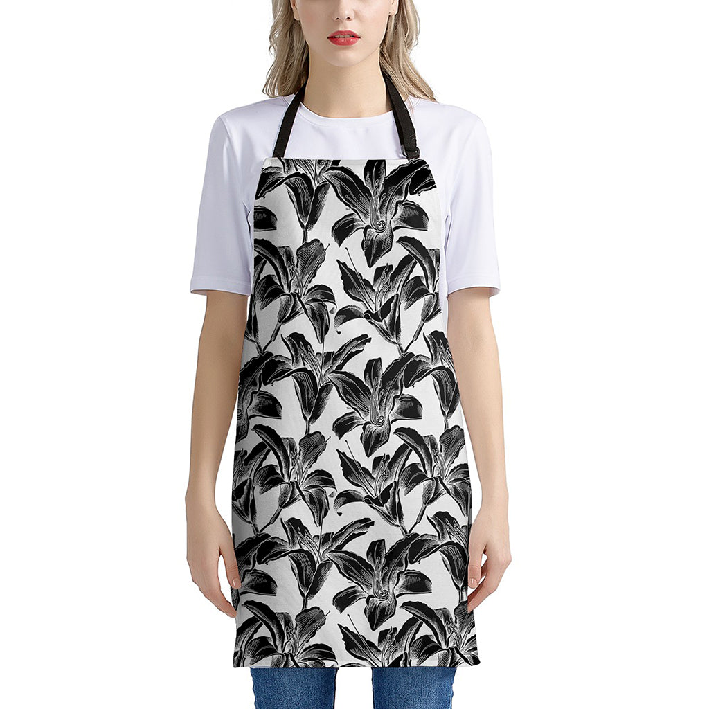 White And Black Lily Pattern Print Apron