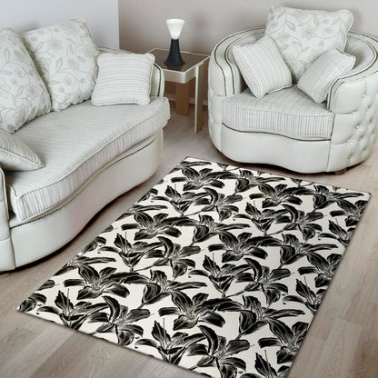 White And Black Lily Pattern Print Area Rug