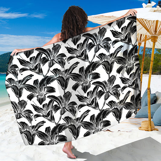 White And Black Lily Pattern Print Beach Sarong Wrap