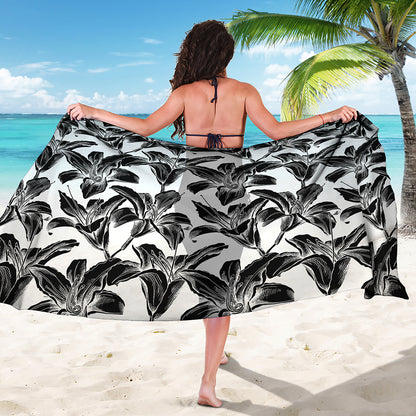 White And Black Lily Pattern Print Beach Sarong Wrap