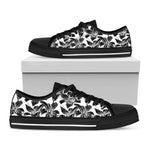 White And Black Lily Pattern Print Black Low Top Shoes