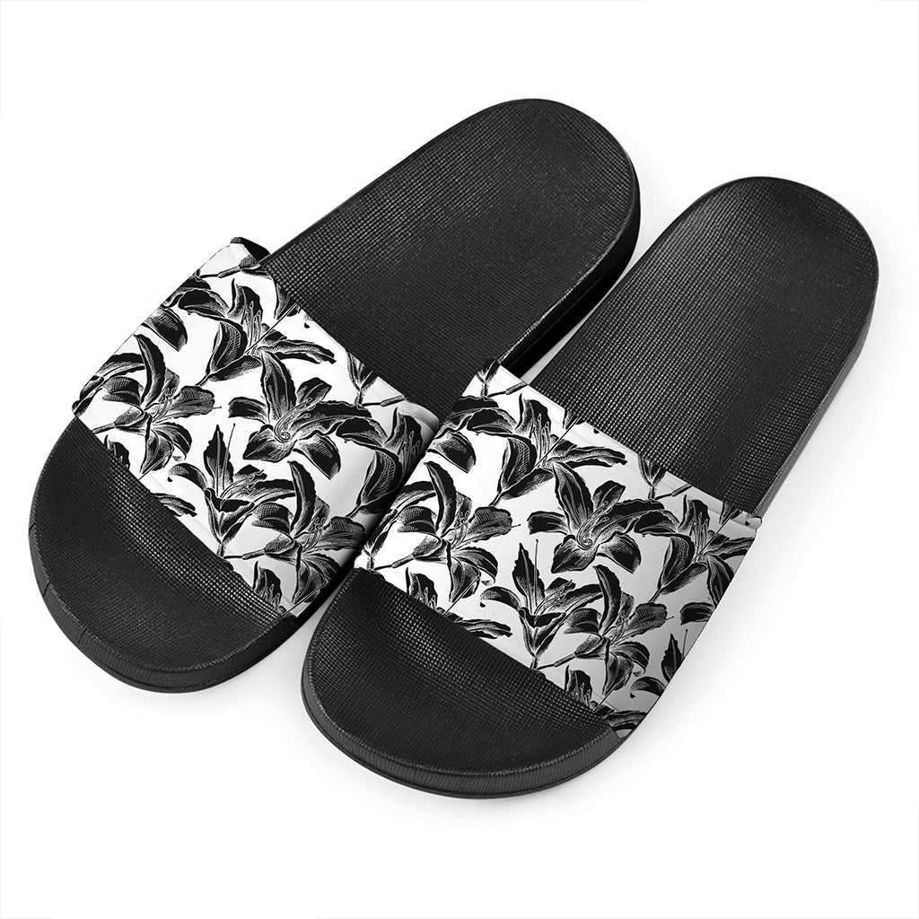 White And Black Lily Pattern Print Black Slide Sandals