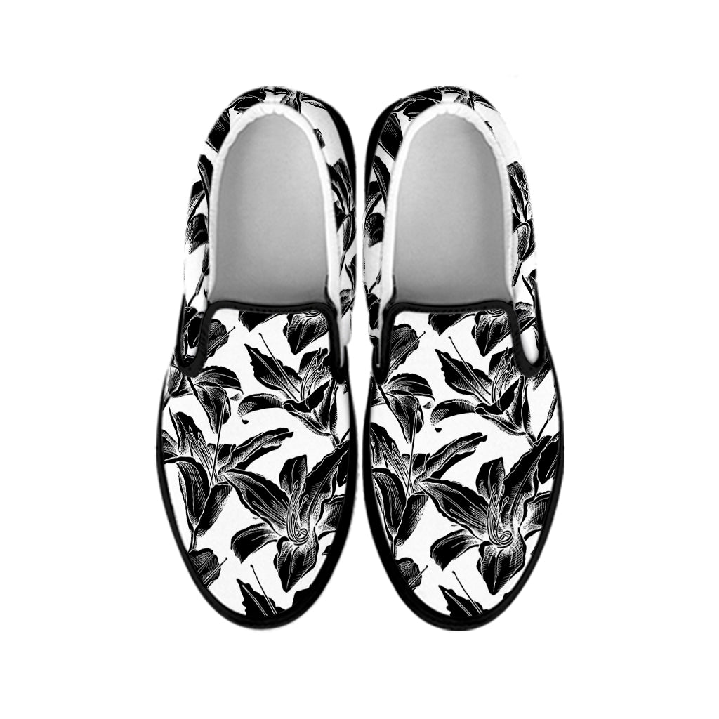 White And Black Lily Pattern Print Black Slip On Shoes