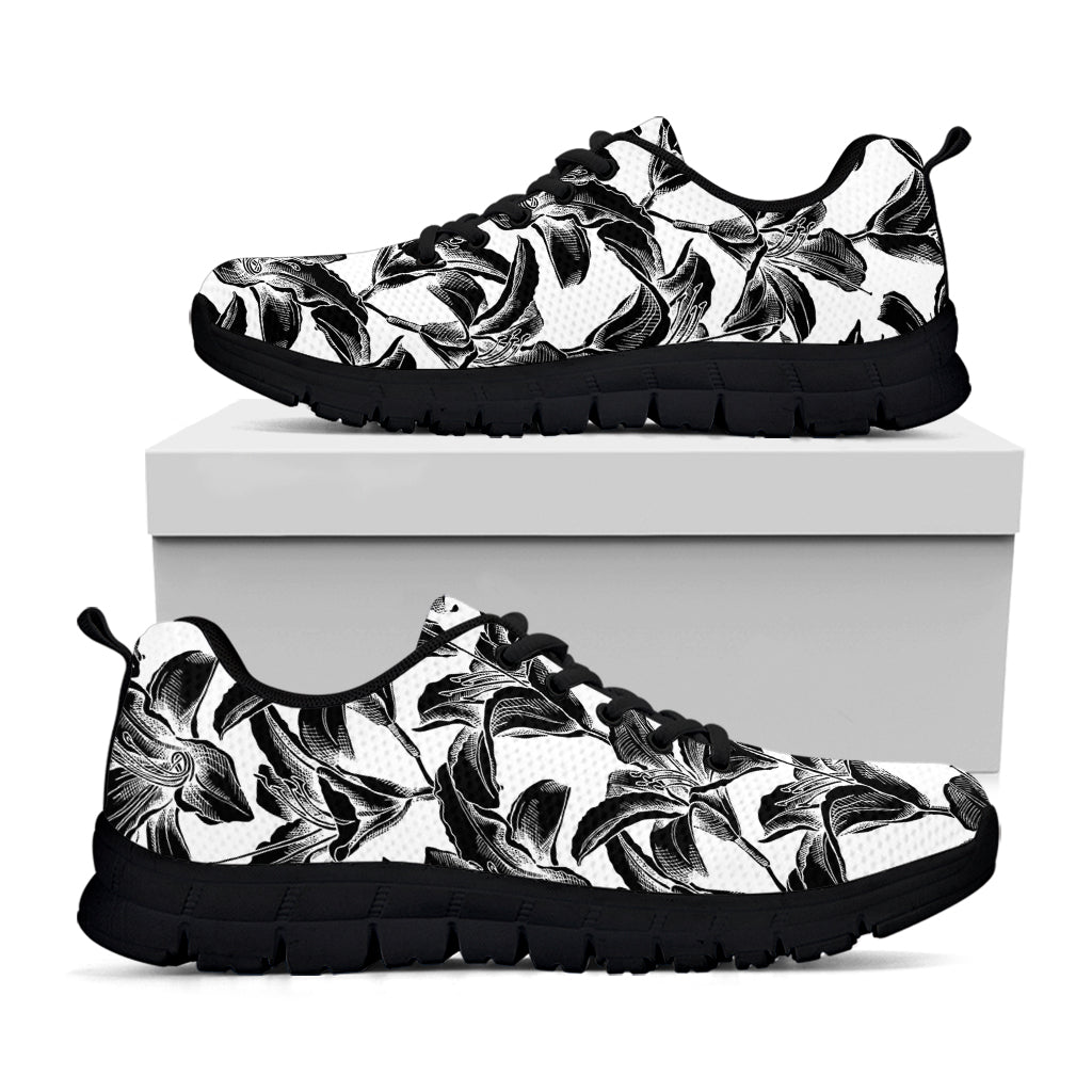 White And Black Lily Pattern Print Black Sneakers
