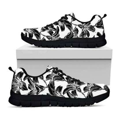 White And Black Lily Pattern Print Black Sneakers