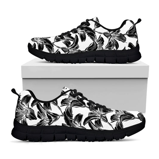 White And Black Lily Pattern Print Black Sneakers