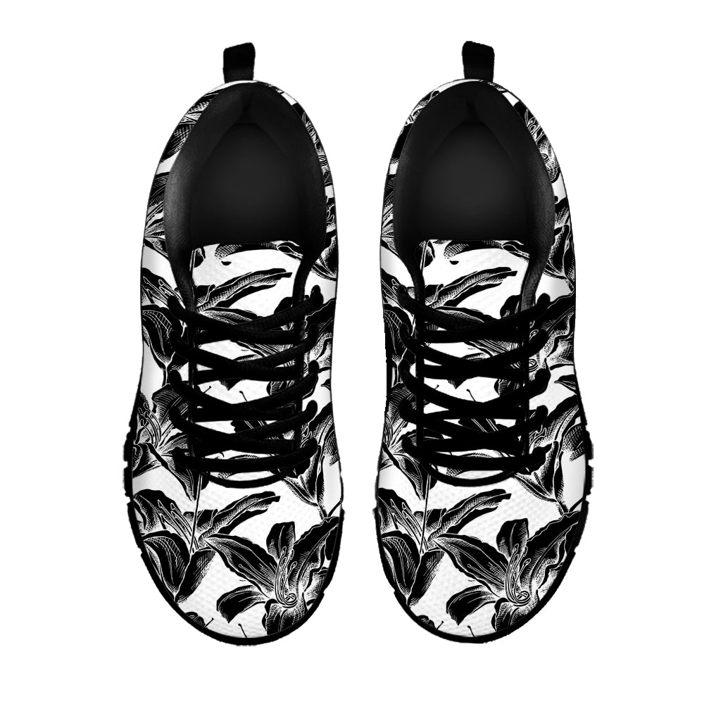 White And Black Lily Pattern Print Black Sneakers