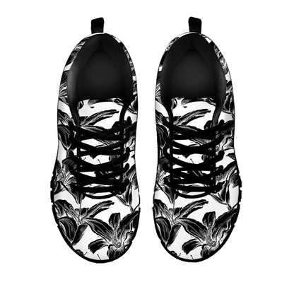 White And Black Lily Pattern Print Black Sneakers