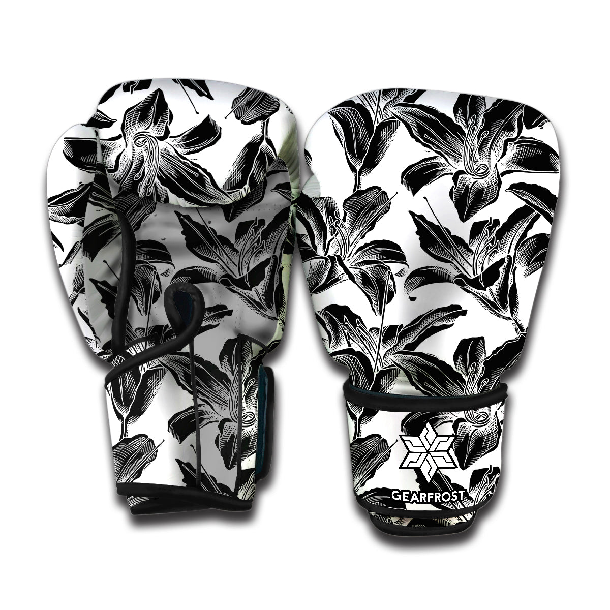 White And Black Lily Pattern Print Boxing Gloves