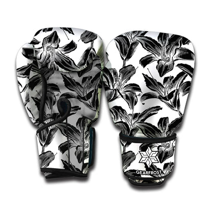 White And Black Lily Pattern Print Boxing Gloves