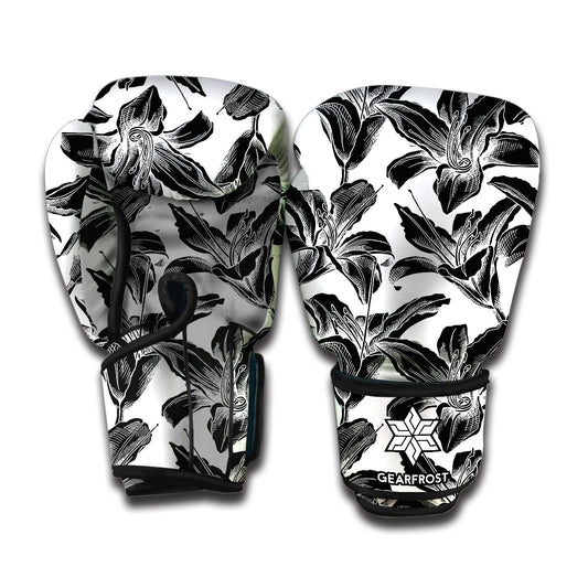 White And Black Lily Pattern Print Boxing Gloves