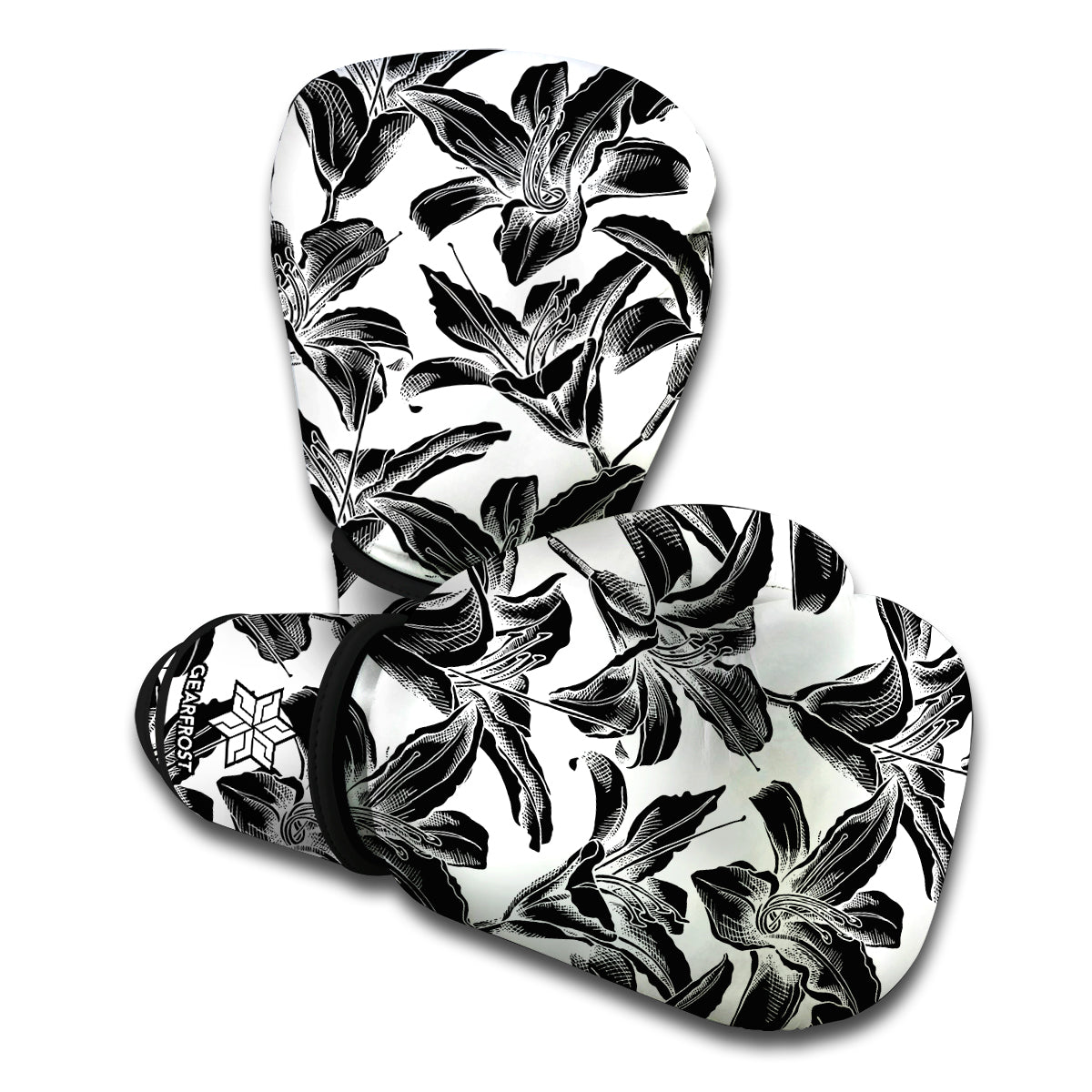White And Black Lily Pattern Print Boxing Gloves
