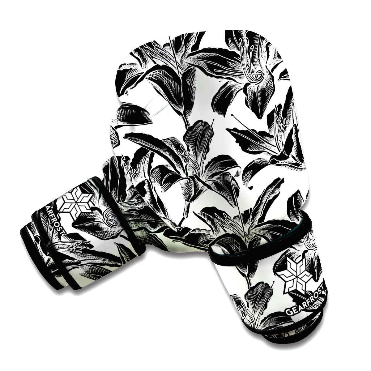 White And Black Lily Pattern Print Boxing Gloves