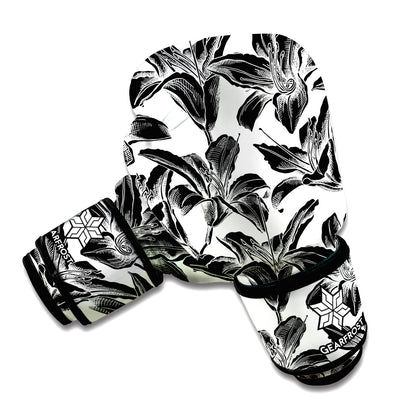 White And Black Lily Pattern Print Boxing Gloves