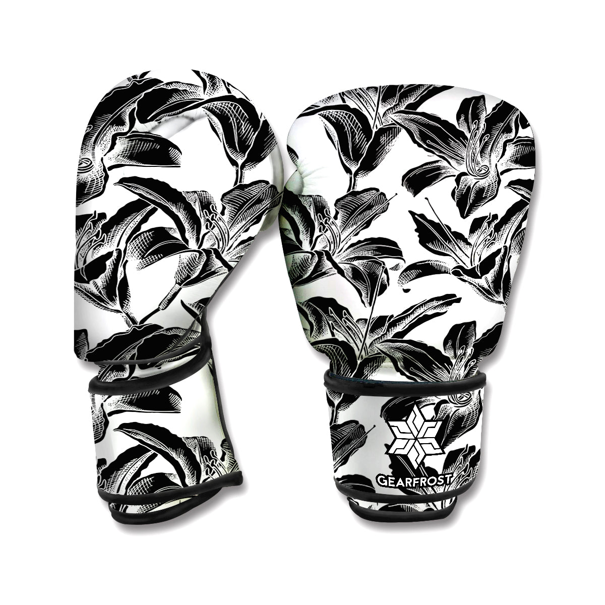 White And Black Lily Pattern Print Boxing Gloves