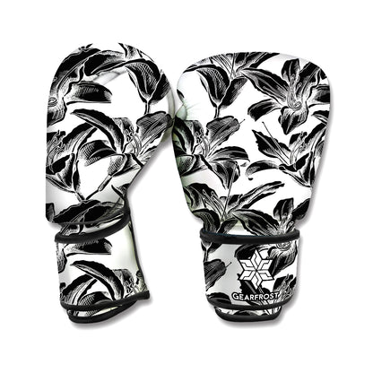 White And Black Lily Pattern Print Boxing Gloves